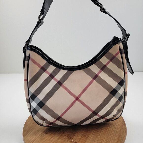 Burberry Handbags - Burberry Patent Leather Trim Nova Check Coated Canvas Hobo Shoulder Bag Barton